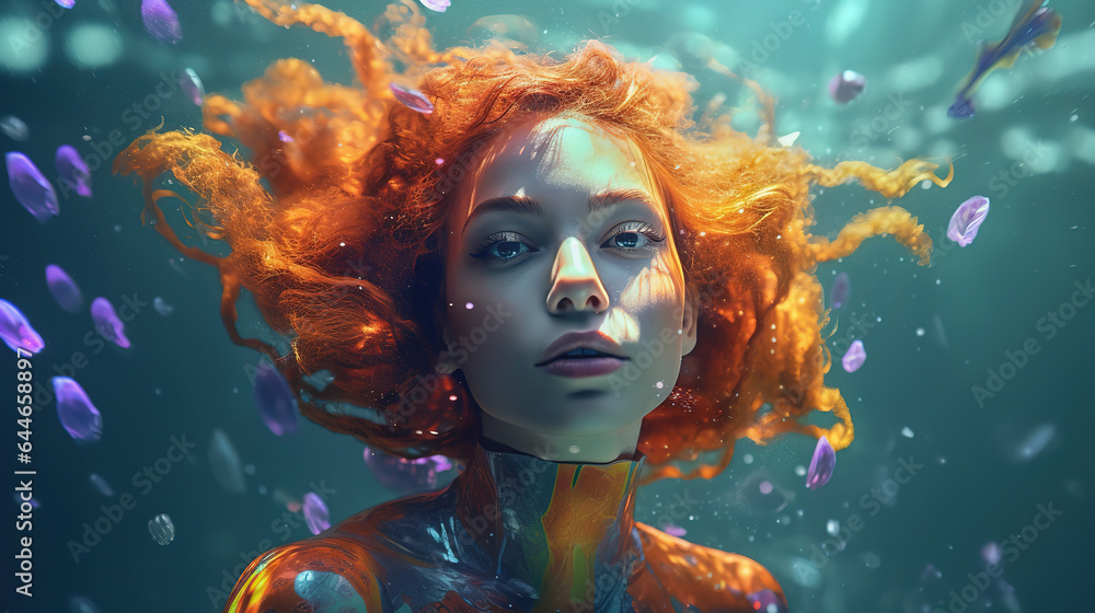 Mermaid underwater. Fantasy beauty style portrait of beautiful woman