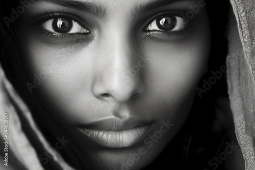 Black and white portrait of elegant beautiful hindu indian female model. Woman in sari.