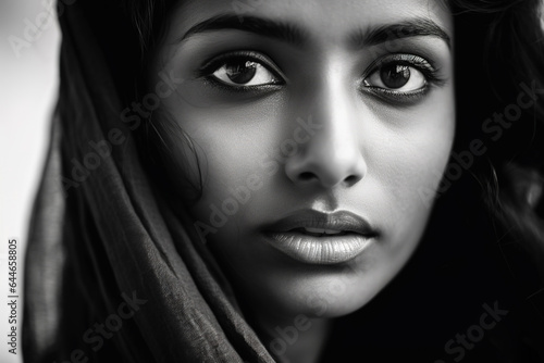Black and white portrait of elegant beautiful hindu indian female model. Woman in sari.