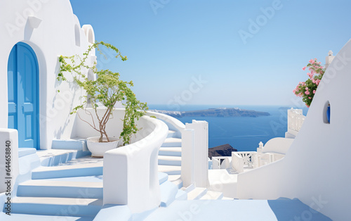 White stairs leading to terrace in Oia, Santorini