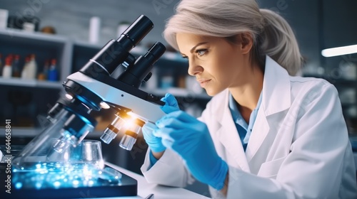 Science woman with microscope analysis and covid in lab, Medical research for molecules.