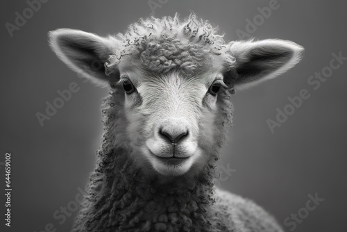 Sheep portrait close-up. Farm animal. White lamb in a studio. Sheep wool breeds.