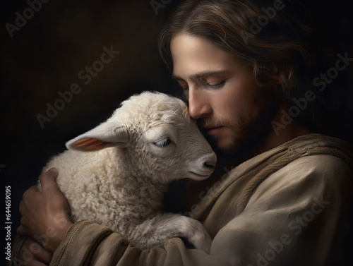 Jesus Christ gently holding a lamb. Conceptual image depicting a sense of protection and care. AI generated image