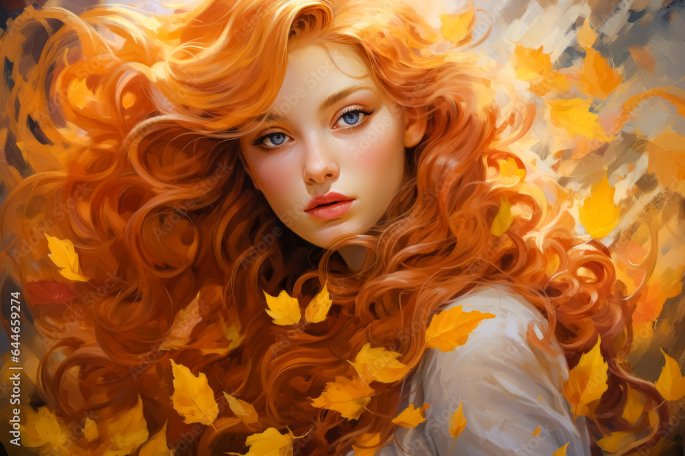 Young woman with red hair surrounded by autumn leaves in a warm atmosphere.