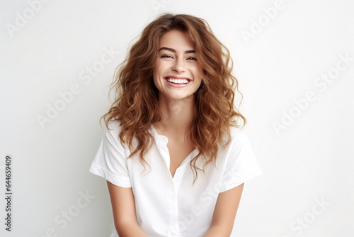 smiling happy woman sitting on white background. Long wavy hair and white blouse with ruffle sleeves - AI Generated