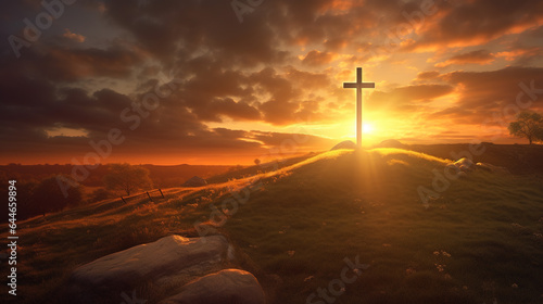 Cross at sunset in a field. Ascension day concept. Christian Easter. Faith in Jesus Christ. Christianity. Church worship, salvation concept
