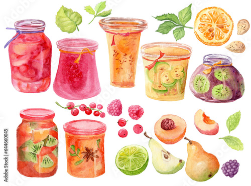 set of jars with jam. Jam, compote, confiture. Fruits and berries. Set of illustrations. Painted by hand in watercolor. Bright colors pink, yellow, orange. Used for labels, stickers, menus, logos.