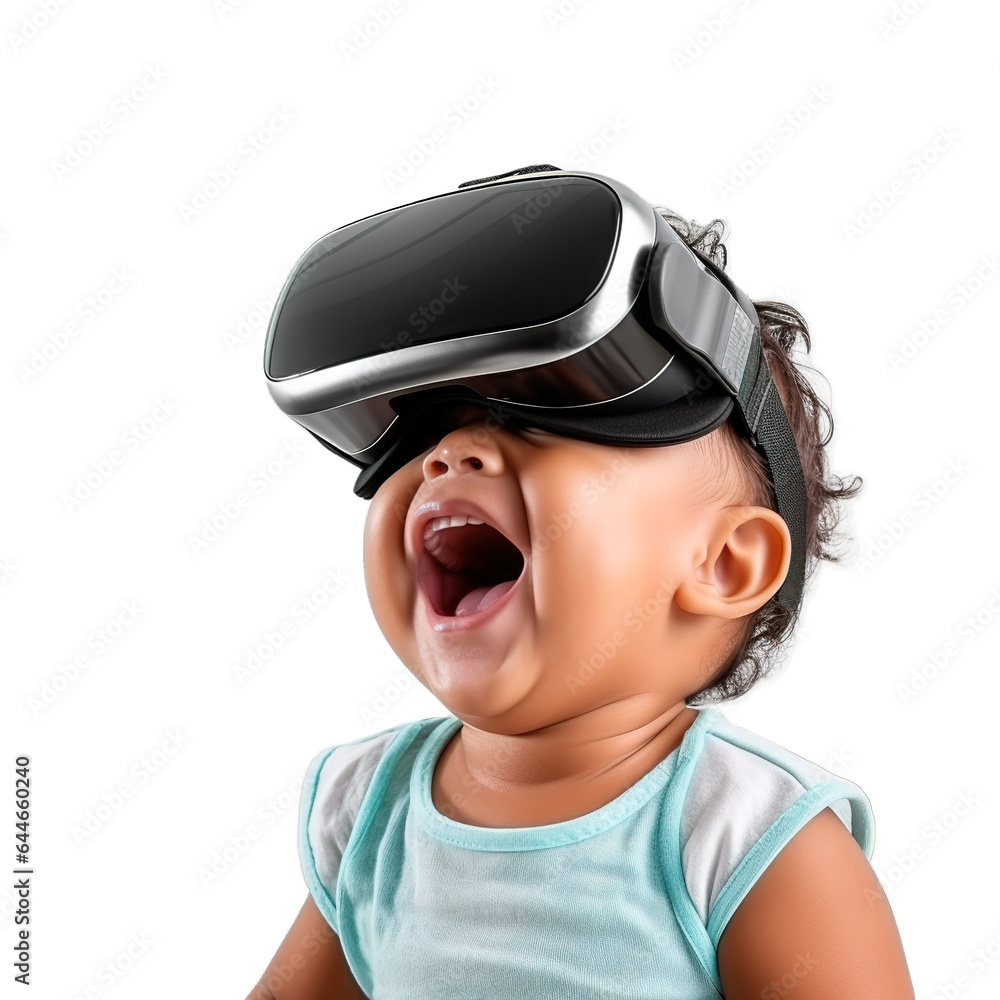 Latin American baby wearing wireless virtual headset on isolated transparent background Latin American baby wearing wireless virtual headset on isolated transparent background