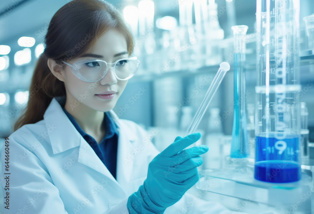 Asian scientist with test tube making research in laboratory, Science, chemistry, reagents, technology. Asian scientist with test tube making research in laboratory, Science, chemistry, reagents, technology.