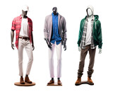 Three mannequins of male clothing dressed with casual cool style. Isolated on white background