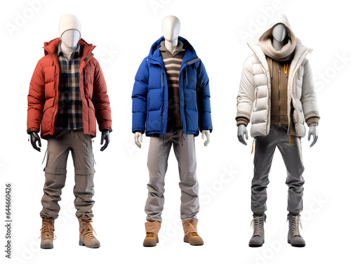 Set of male mannequins dressed with winter clothes on isolated transparent background
