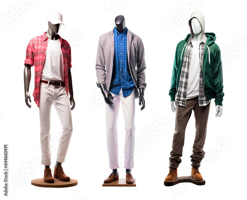 Three mannequins of male clothing dressed with casual cool style. Isolated on white background