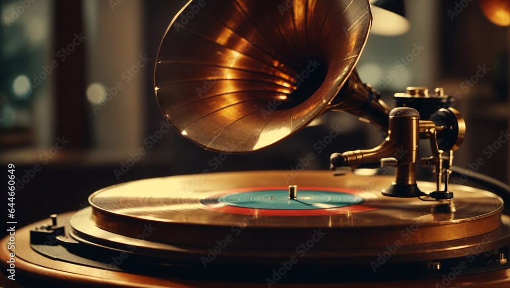 Obraz premium Vintage Gramophone with Spinning Vinyl Record