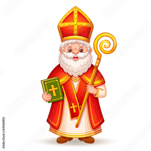 Cute Saint Nicholas, Sinterklaas character, happy St Nicolas winter holiday day. Christmas Christian Santa old man give gift children. Funny person in religion costume hold book, stick cartoon vector