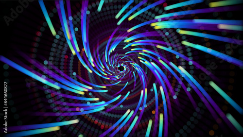 Luminous particles fly in a whirlpool or vortex in a digital tunnel. Visualization of large data streams.