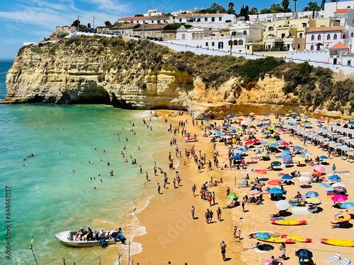 View of Carvoeiro fishing village with beautiful beach, Algarve