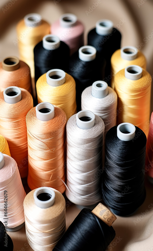 A variety of threads in multiple colors, thread for sewing, spool of thread on a white background A variety of threads in multiple colors, thread for sewing, spool of thread on a white background