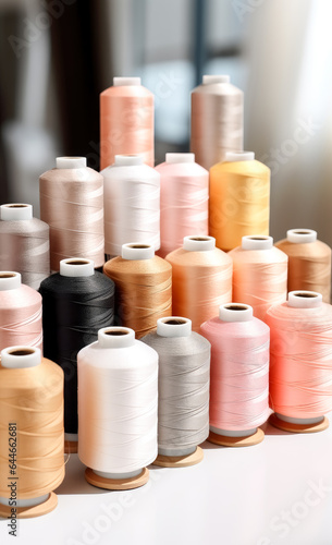 A variety of threads in multiple colors, thread for sewing, spool of thread on a white background