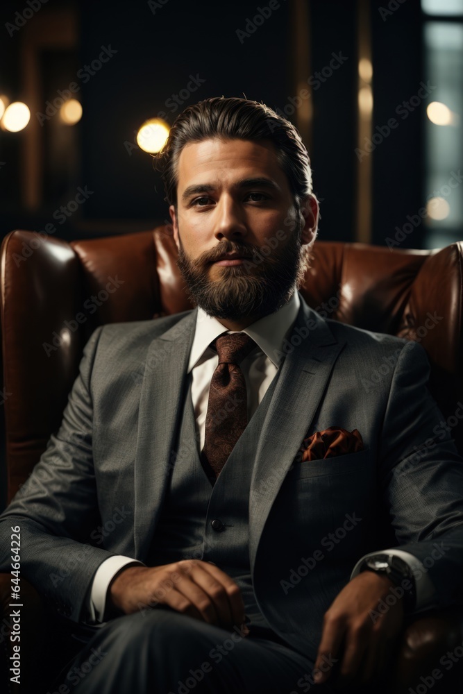 An elegant gentleman in a tailored suit, with beard, his face illuminated by the light, sitting in an armchair An elegant gentleman in a tailored suit, with beard, his face illuminated by the light, sitting in an armchair