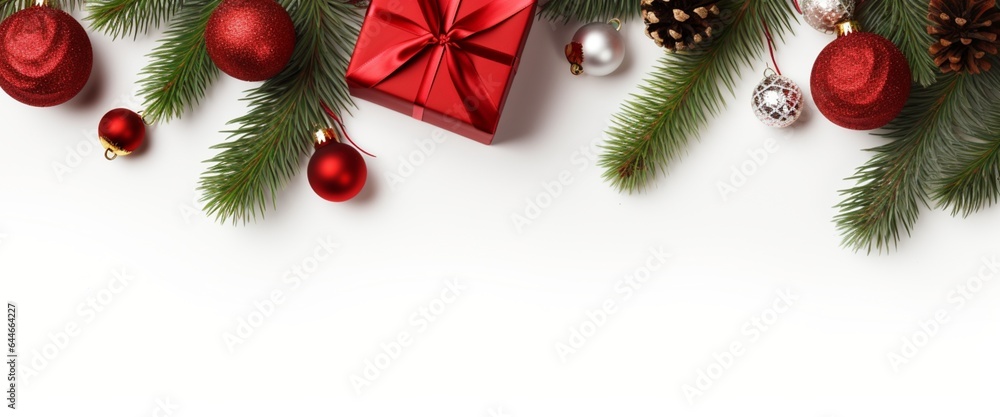 Merry Christmas and Happy New Year banner with blank space for text with Christmas balls and decoration on a white background Merry Christmas and Happy New Year banner with blank space for text with Christmas balls and decoration on a white background