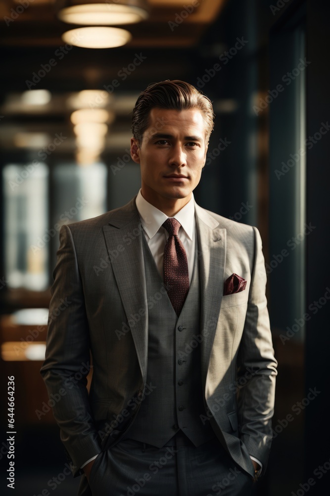 An elegant gentleman in a tailored suit, his face illuminated by the light, standing in elegant office An elegant gentleman in a tailored suit, his face illuminated by the light, standing in elegant office