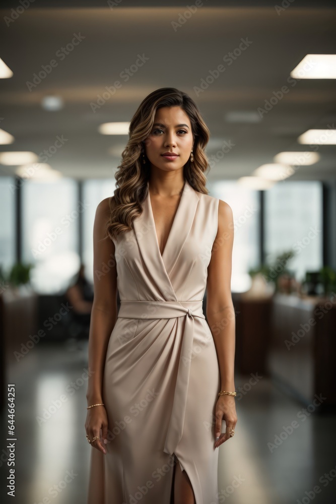 An elegant woman in a business formal dress, illuminated by natural light, standing in elegant office An elegant woman in a business formal dress, illuminated by natural light, standing in elegant office