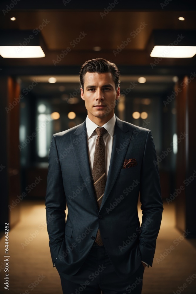 An elegant gentleman in a tailored suit, his face illuminated by the light, standing in elegant office