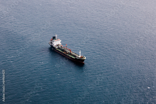 cargo boat on the water, aerial, fiji