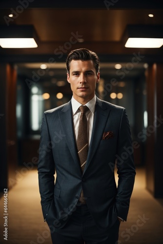 An elegant gentleman in a tailored suit, his face illuminated by the light, standing in elegant office