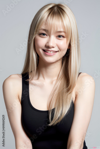 beautiful asian woman bob cut close-up smile front pastel grey background