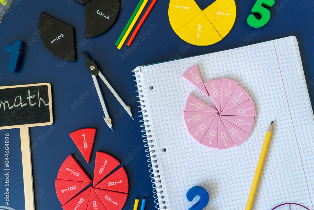 Сolorful math fractions on blue background. interesting math for kids ...