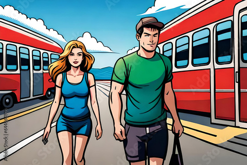 a couple of male and female tourists just got off the bus that took them to a tourist spot. Comic style Generative AI