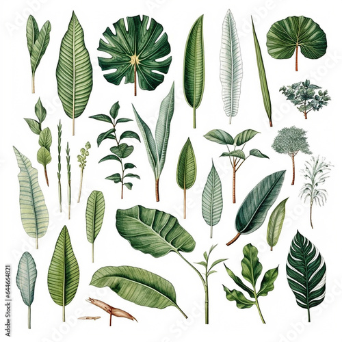 Different types of tropical leaves on   white background. 