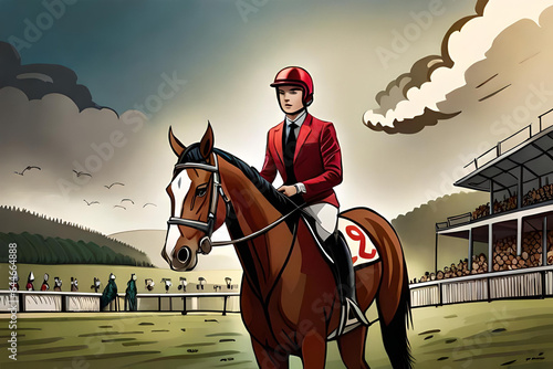 A dashing horse racer wearing a red shirt is getting ready to take his steps in a horse race. Comic style Generative AI