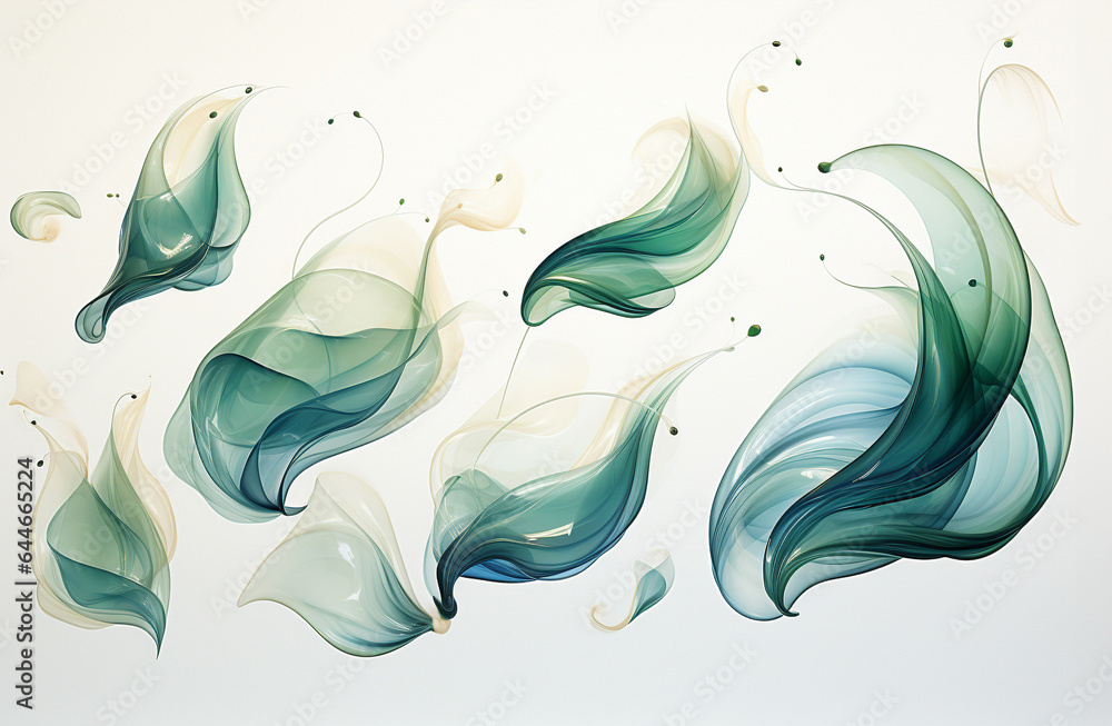 A set of abstract graphic elements in cool blue and green tones, reminiscent of water and nature. Can be used for environmental or wellness designs. 