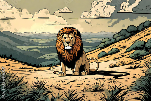 A male lion is watching his prey on the hill. Comic style Generative AI