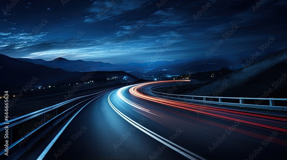 Cars light up trails at night on a curved paved road at night. - obrazy, fototapety, plakaty 