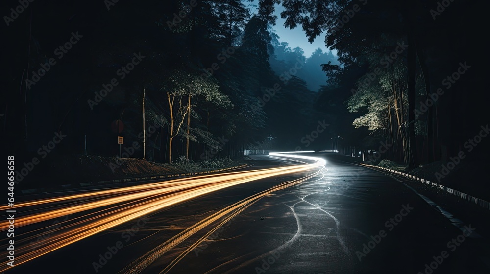 Cars light up trails at night on a curved paved road at night.