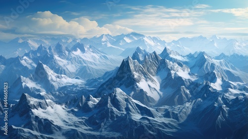 Aerial view of a mountain range showing rugged terrain and snow capped peaks.