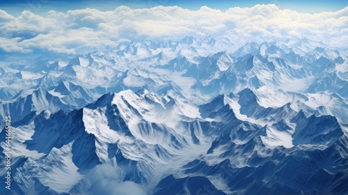 Aerial view of a mountain range showing rugged terrain and snow capped peaks.