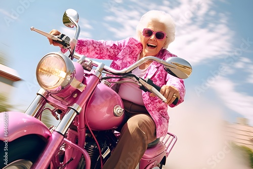 ピンクのバイクに乗っているおばあちゃん photo