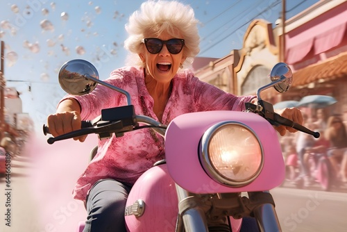 ピンクのバイクに乗っているおばあちゃん