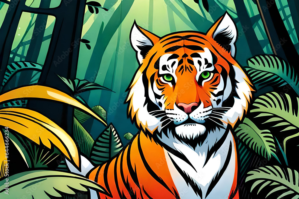 In a dense forest among the thickets of trees a tigress appeared and stood up. Comic style Generative AI In a dense forest among the thickets of trees a tigress appeared and stood up. Comic style Generative AI