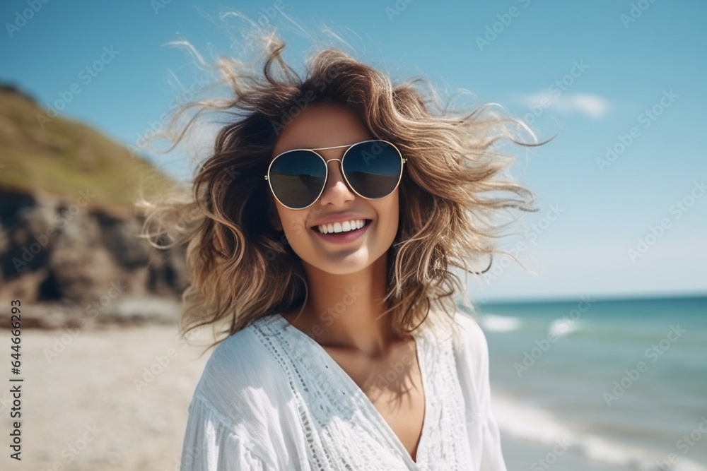 Generative AI : Fashionable woman in sunglasses enjoying summer on sea beach Generative AI : Fashionable woman in sunglasses enjoying summer on sea beach