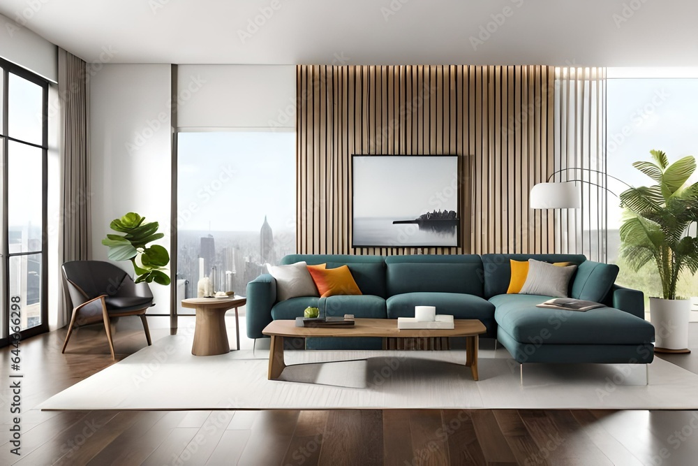 There are sofas and chairs with cushions in the modern living room including a creative wooden table with ornate items on it. Long cabinet or TV stand with vase close to white wall. There are sofas and chairs with cushions in the modern living room including a creative wooden table with ornate items on it. Long cabinet or TV stand with vase close to white wall.