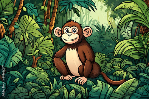 In a dense forest there is a monkey sitting among the bushes looking for bananas to eat. Comic style Generative AI