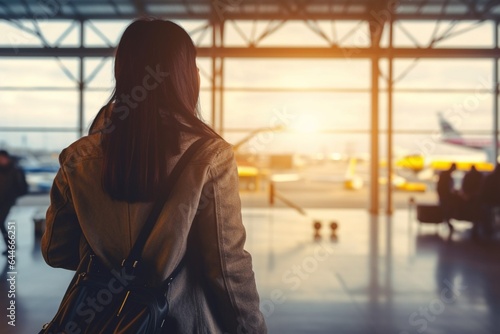 Generative AI : Travel concept with back view young tourist woman holding the luggage and looking the airplane in the hall room with sunlight at the airport