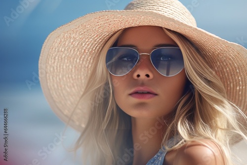 Generative AI : Fashionable woman in sunglasses enjoying summer on sea beach
