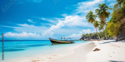 Generative AI : Boat docked on an island in a tropical paradise stock photo