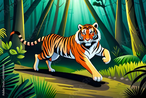 In the jungle there is a striped tiger walking out of the forest while looking for food. Comic stle Generative AI